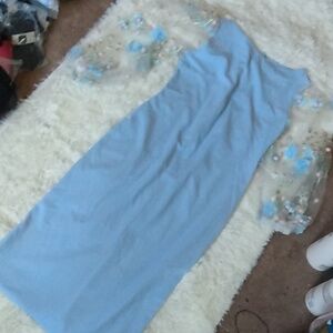 Elegant Blue Women's Dress Puff Flower Print Sleeve